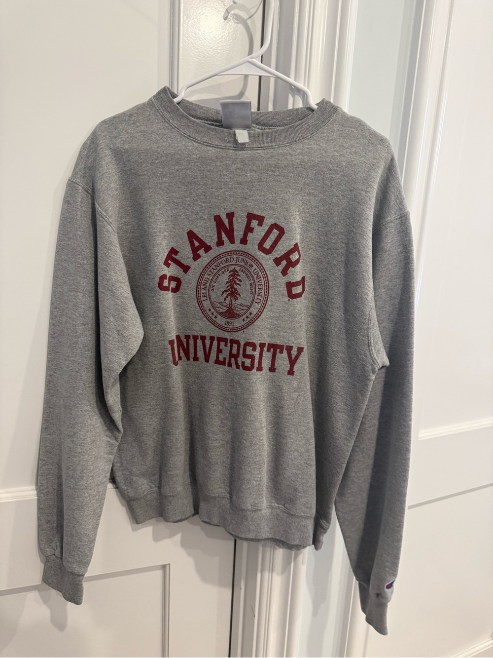 Champion Gray Stanford University Crewneck Sweatshirt with Maroon Print